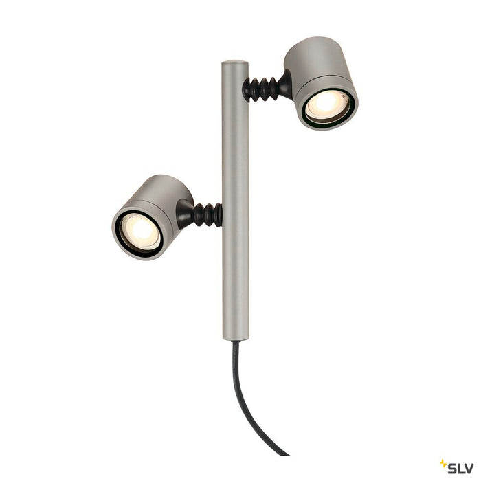 MYRA 2 , outdoor spike luminaire, double-headed, LED GU10 51mm, IP44, silver-grey, 18W