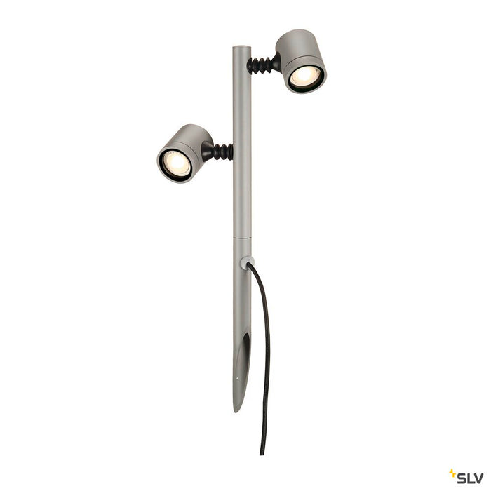 MYRA 2 , outdoor spike luminaire, double-headed, LED GU10 51mm, IP44, silver-grey, 18W