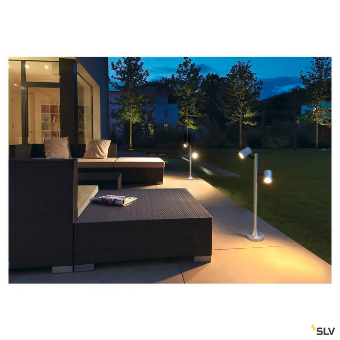 MYRA 2 , outdoor spike luminaire, double-headed, LED GU10 51mm, IP44, silver-grey, 18W